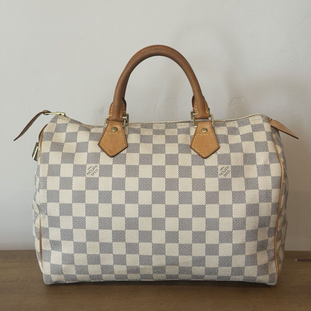 Auth Louis Vuitton Speedy 30 Damier Azur Canvas White Satchel Handbag W/Lock
